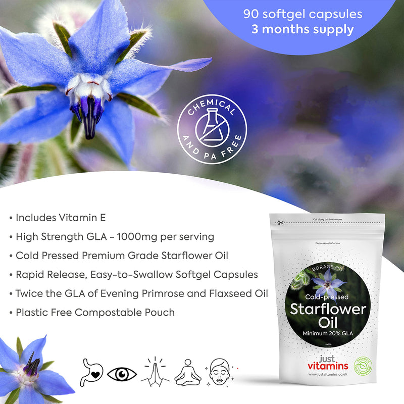 Starflower Oil Capsules 1000mg/Borage Oil x90 Soft Gels, Cold Pressed High Strength GLA with Vitamin E - 3 Month Supply - x2 The GLA Level of Evening Primrose Oil Capsules - UK Made Supplements - BeesActive Australia