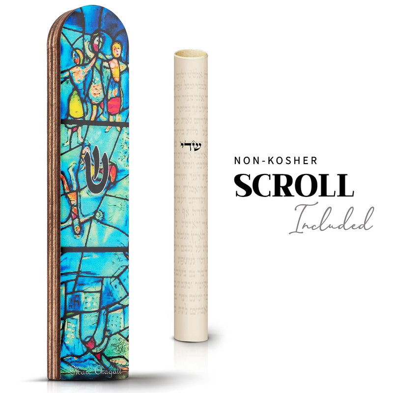 SURI Wooden Mezuzah for Door - Contemporary Mezuzah Case with Turquoise Chagall Design - 5" Mezuzah for Home Includes Mezuzah Adhesive for Easy Installation - Jewish Gift Box and a non-kosher Scroll - BeesActive Australia