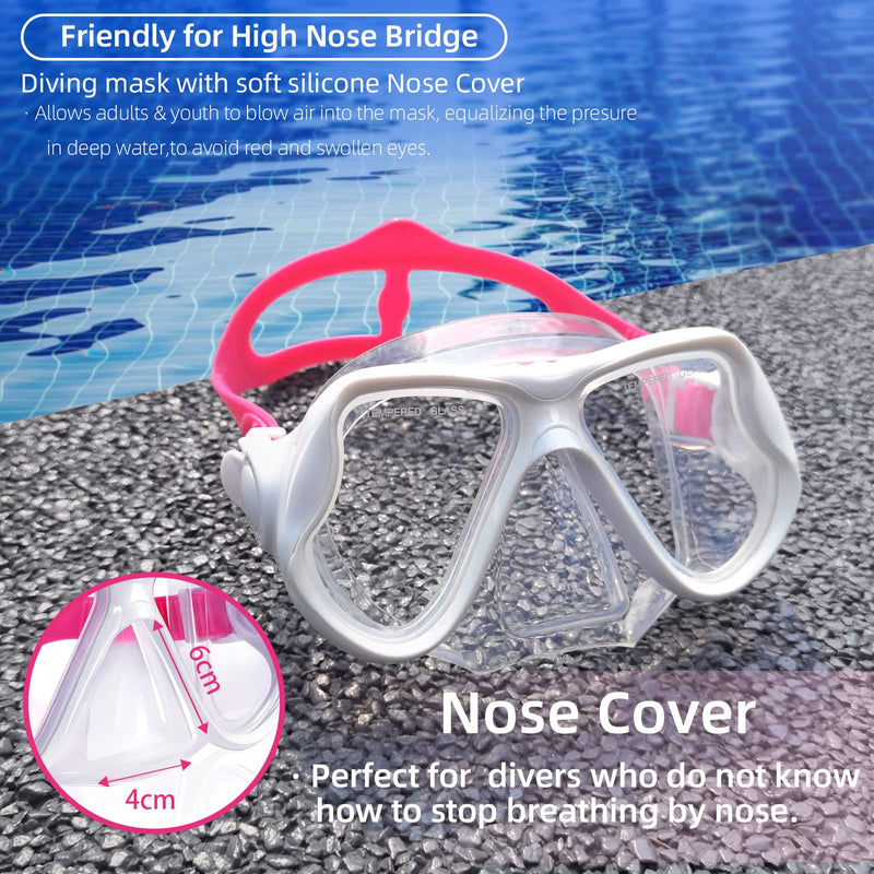 Keary Swimming Goggles Snorkel Diving Mask for Adult Men Women Youth, Anti-Fog 180°Clear View Swim Goggles with Nose Cover White Frame Pink Strap - BeesActive Australia