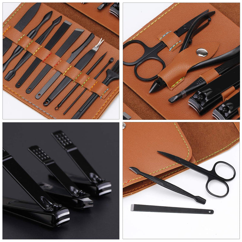Manicure Pedicure Set 16 in 1 Stainless Steel Professional Nail Clippers Scissors Grooming Kit Nail Care Tools with Luxurious Case (Brown) Brown - BeesActive Australia