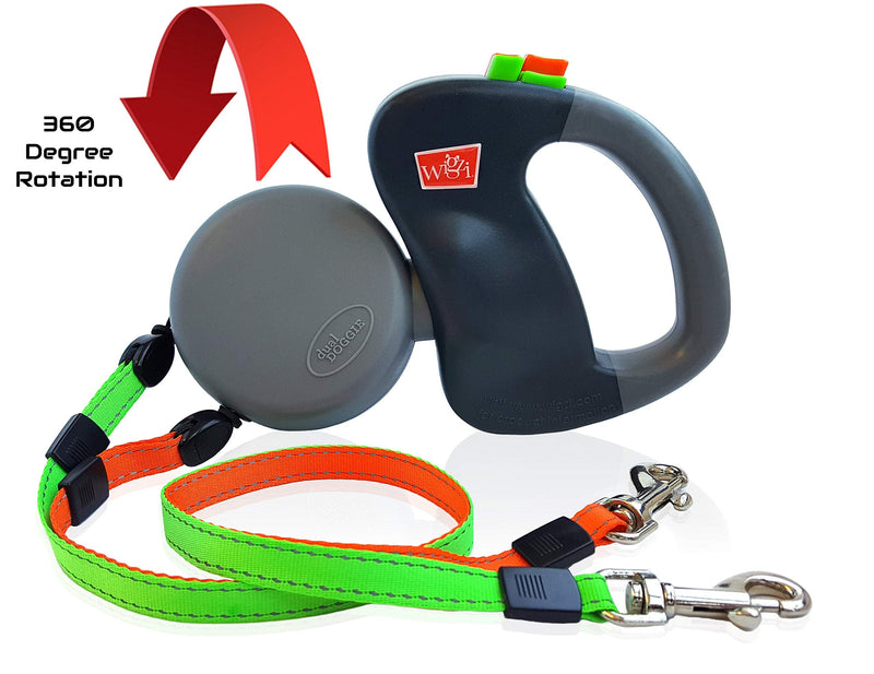 WIGZI Original Dual Doggie Reflective Retractable Dog Leash - 360 Degrees, No Tangle - Walk 2 Pets up to 50 lbs Each - Two 10ft Orange & Green Leads w/ Locking System - BeesActive Australia