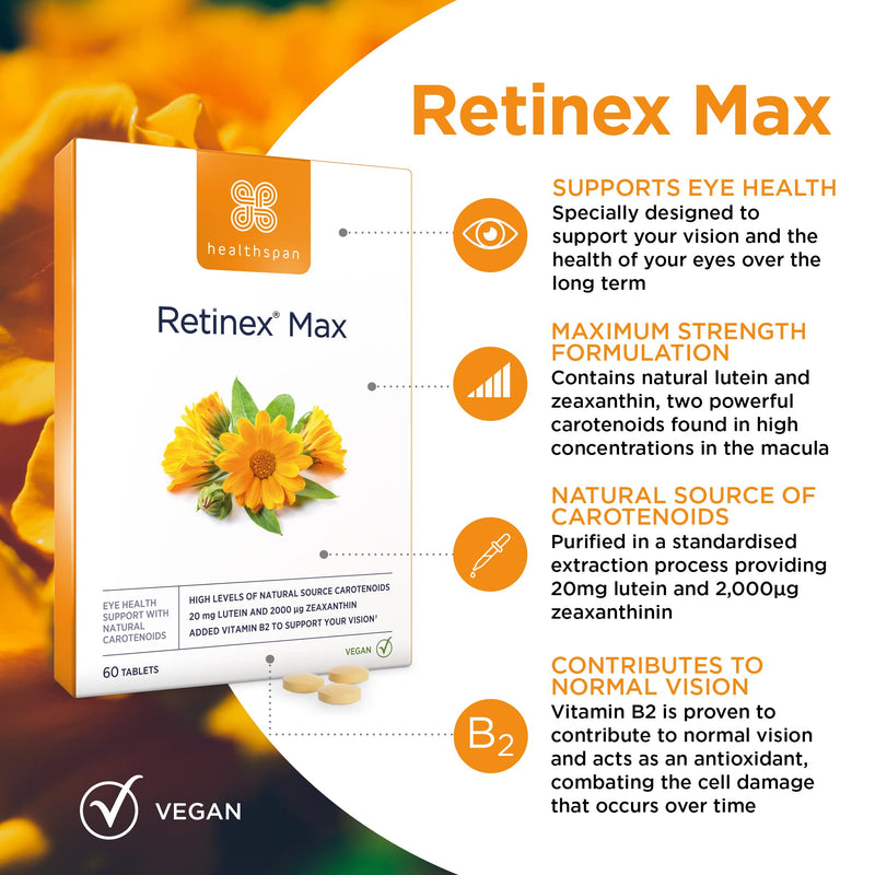 Healthspan Retinex Max (60 Tablets) | Long Term Vision and Eye Health | 20mg Lutein & 2,000ug Zeaxanthin | Added Vitamin B2 Contributes to Normal Vision | Natural Source Carotenoids | Vegan - BeesActive Australia