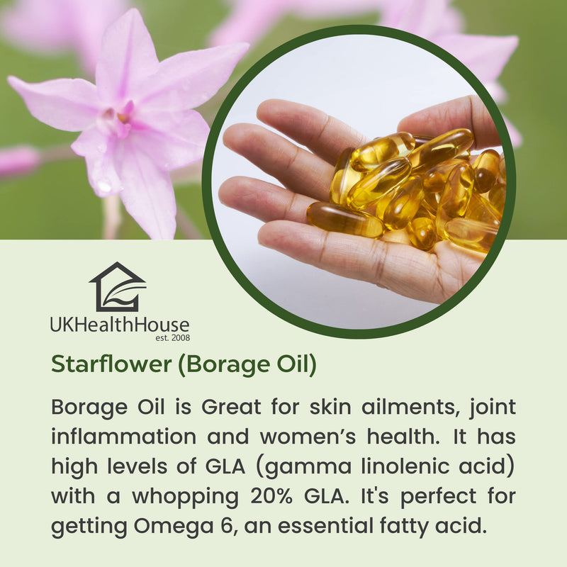 UKHealthHouse Starflower Oil � Borage Oil Capsules, 1000mg x 360 Capsules � 20% GLA Content � High Strength Omega 6 �?Great for Skin, Digestion, Headaches, Women�s Health?& More � 586g 360 Count (Pack of 1) - BeesActive Australia