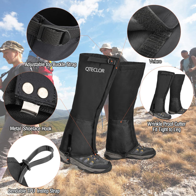 QTECLOR Leg Gaiters Waterproof Snow Boot Gaiters for Snowshoeing, Hiking, Hunting, Running, Motorcycle Anti-Tear Oxford Fabric, TPU Instep Belt Metal Shoelace Hook for Outdoor Black Large - BeesActive Australia
