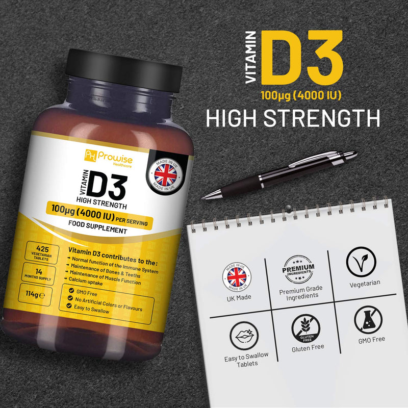 Vitamin D3 4000 IU High Strength I 425 Vegetarian Tablets (14 Months Supply) I Easy Swallow Vitamin D3 Supplement for Immune Support, Calcium Boost, Bone & Muscle I Vitamin D Made in the UK by Prowise - BeesActive Australia