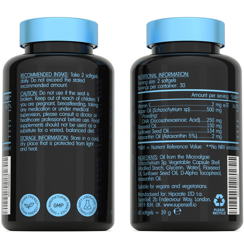 Vegan Omega 3 Capsules - High Strength DHA from Algae Oil 500mg - Algae Omega 3 Vegan with Flaxseed Oil, Astaxanthin, Vitamin E - 60 Easy to Swallow Softgel Tablets - Sustainable Vegetarian Supplement - BeesActive Australia