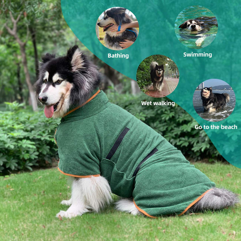 Dog Drying Coat Bathrobe Towel, Microfibre Material Fast Drying Super Absorbent Dog Bath Robe, Pet Quick Drying Moisture Absorbing with Adjustable Collar and Waist Xlarge: back length 29.5" Green - BeesActive Australia