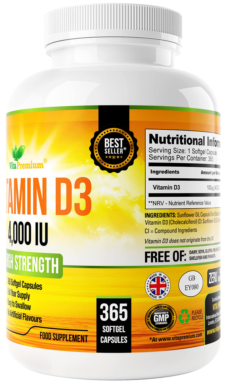 Vitamin D 4,000 IU, Maximum Strength Vitamin D3 Supplement, 365 Easy to Swallow Softgels - Full Year Supply 4,000 IU Vitamin D - BeesActive Australia