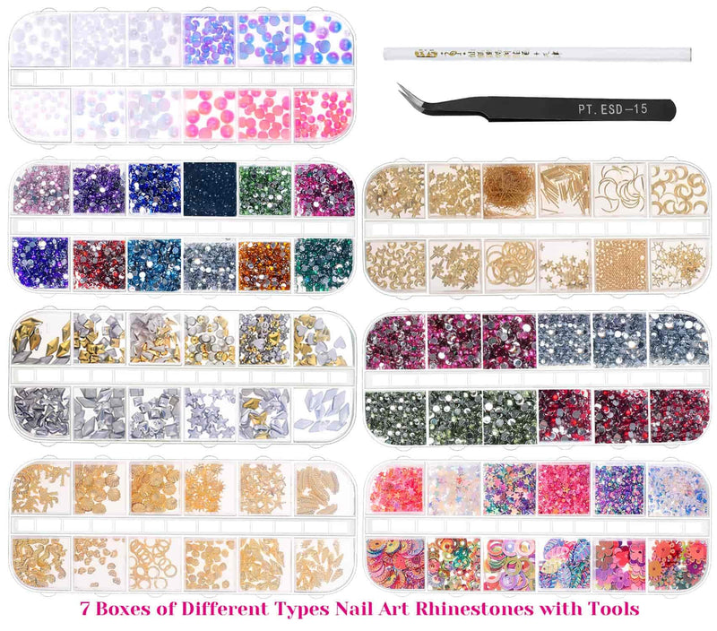 Anezus 7 Boxes Nail Rhinestones Nail Art Supplies Nail Studs 3D Nail Gems Jewels with Pickup Tools for Nails Decoration Makeup Clothes Shoes - BeesActive Australia