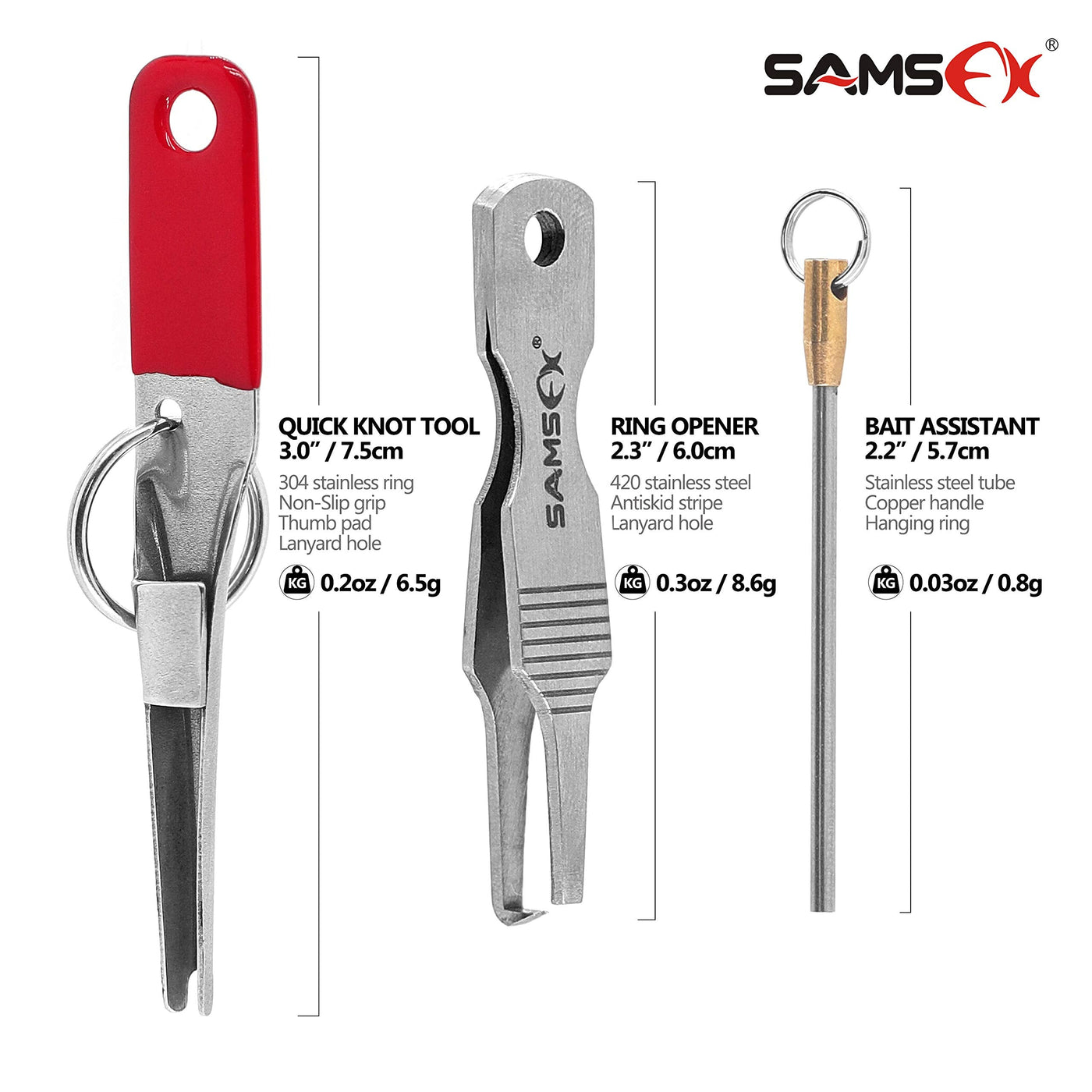 SAMSFX Fishing Knot Tying Tool, Hook Sharpener, Split Rings Opener and  Upper Bait Aid Tools with Zinger Retractor Combo 5pcs Fishing Tools Kit