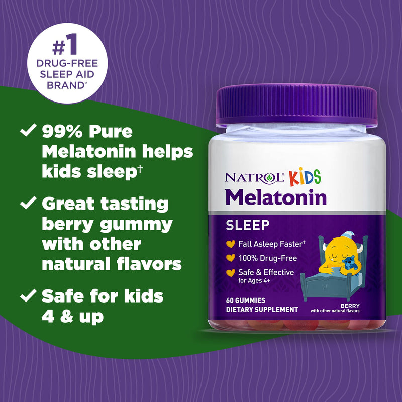 Natrol Kids Melatonin Sleep Aid Gummy, 1mg, Supplement for Children, Ages 4 and up, 60 Berry Flavored Gummies 60 Count - BeesActive Australia