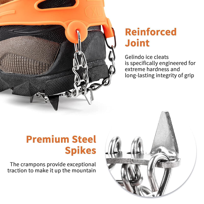 Gelindo Crampons Ice Cleats Traction, 23 Spikes Stainless Steel for Snow Shoes Boots, Safe Protection for Hiking, Walking, Climbing, Jogging, Mountaineering on Snow Muddy Road Anti-Slip 23-Orange Medium - BeesActive Australia