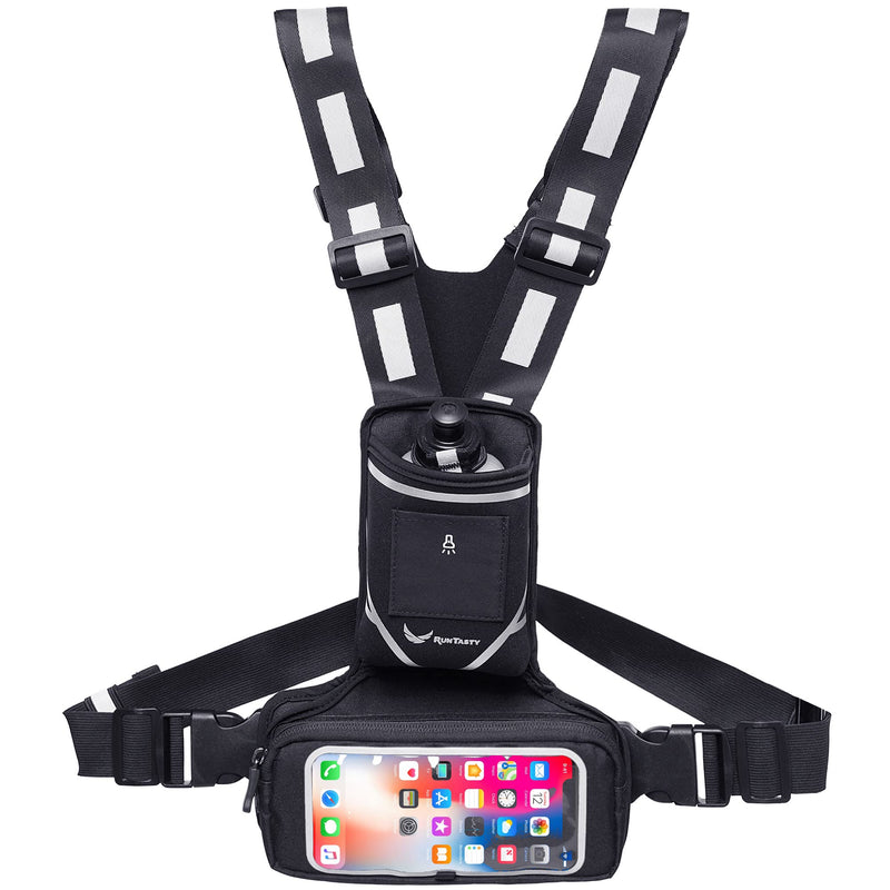 New Reflective Chest Pack Bag w/12 oz. Water Bottle and Touchscreen Ready Clear Window - iPhone/Android Phone Holder - Night Gear Vest w/360° High-Viz for Jogging, Walking, Hiking, Workouts, Cycling! Stylish Black - BeesActive Australia