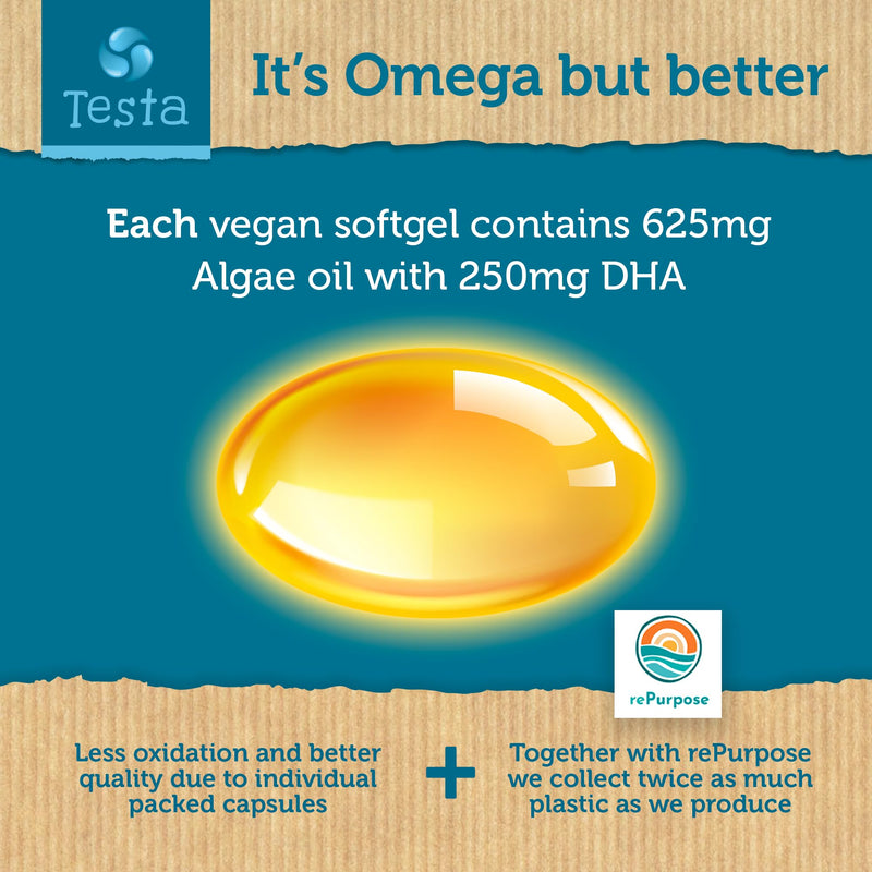 Testa Omega-3 - Vegan Omega 3-250mg DHA - Algae Oil - Plant Based Omega-3 - Pure and Vegan - Healthier Than Fish Oil - 60 Capsules - BeesActive Australia