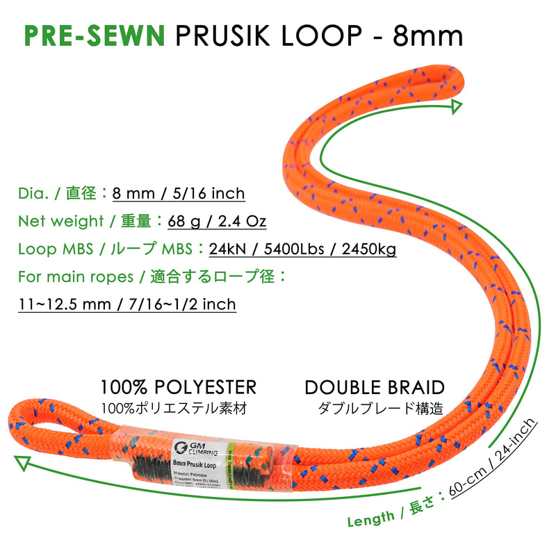 GM CLIMBING 8mm (5/16") Prusik Loop Pre-Sewn 18 inches / 24 inches Fluorescent Orange-24 inch | One Unit - BeesActive Australia