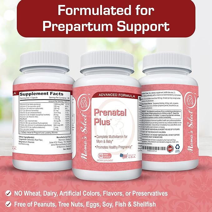 Mother's Select Prenatal Plus - Prenatal Vitamins and Minerals - 90 Capsules for 3 Months - Iron, Folic Acid, Calcium - Vegetarian Version - BeesActive Australia