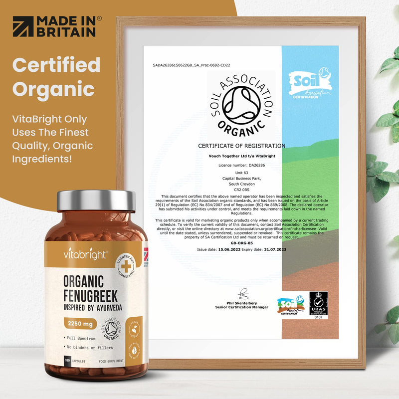 Organic Fenugreek Capsules - 2250mg High Strength - 180 Capsules (60 Day Supply) - Supports Healthy Blood Sugar Levels and Healthy Cholesterol Levels - Vegan - Made in The UK by VitaBright - BeesActive Australia