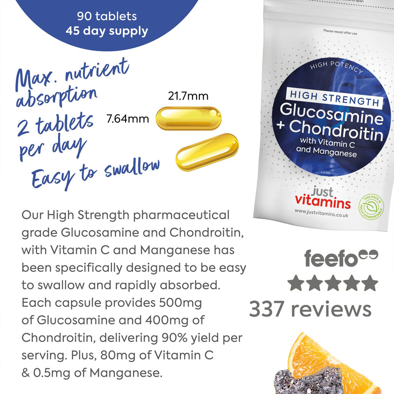 Glucosamine and Chondroitin High Strength (500mg/400mg) Complex x90 Tablets with Vitamin C + Manganese Max Strength Joint Care Combination Supplement for Men/Women (90% Yield Chondroitin Sulphate) UK - BeesActive Australia