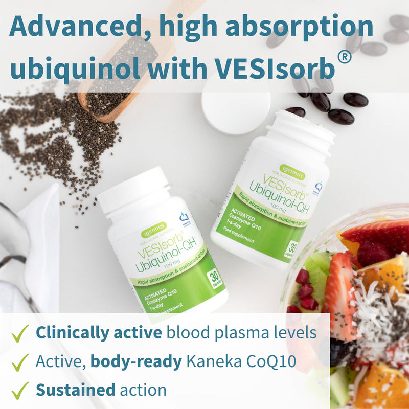 VESIsorb Ubiquinol-QH Advanced Fast-Acting Coenzyme Q10-100 mg, 30 Softgels, Water-Soluble Kaneka QH Ubiquinol CoQ10 Supplement Ideal for Heart Health, Energy, Fertility, 1 Month Supply, by Igennus 30 Count (Pack of 1) - BeesActive Australia