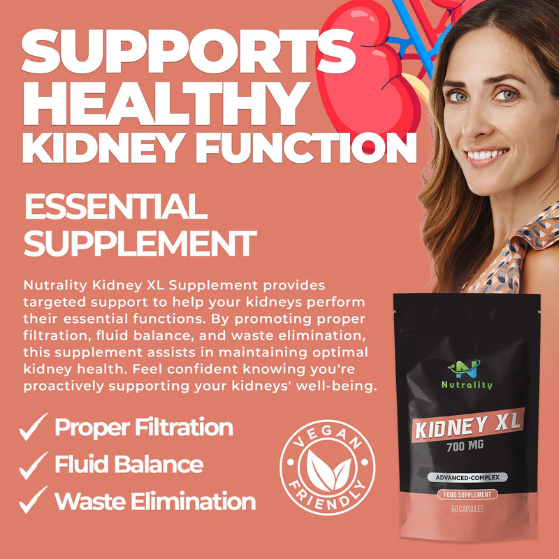 Nutrality Kidney XL Supplement 700mg Advanced Complex - Promotes Healthy Kidney Function and Urinary Tract Health - Natural Ingredients, Cranberry Extract - 60 Capsules. Vegan & Vegetarian Friendly - BeesActive Australia