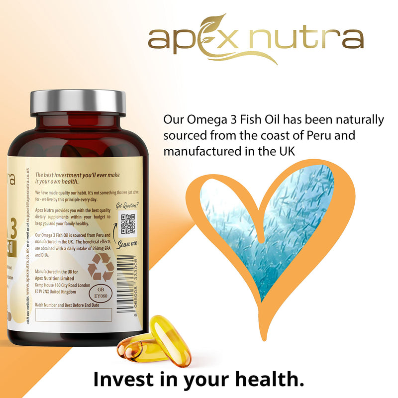 High Strength Omega 3 1000mg Capsules - 4 Month Supply of Easy to Swallow Omega 3 Fish Oil Capsules with 330mg EPA & 220mg DHA - Fish Oil Omega 3 Supplement - Made in The UK by Apex Nutra - BeesActive Australia