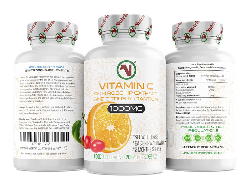 70 x Nutriodol Vitamin C with Rosehip & Bioflavonoids Tablets | 1000mg Easy to Swallow Tablets | Slow Release | Contributes to The Normal Function of The Immune System. 70 x Vitamin C Tablets - BeesActive Australia