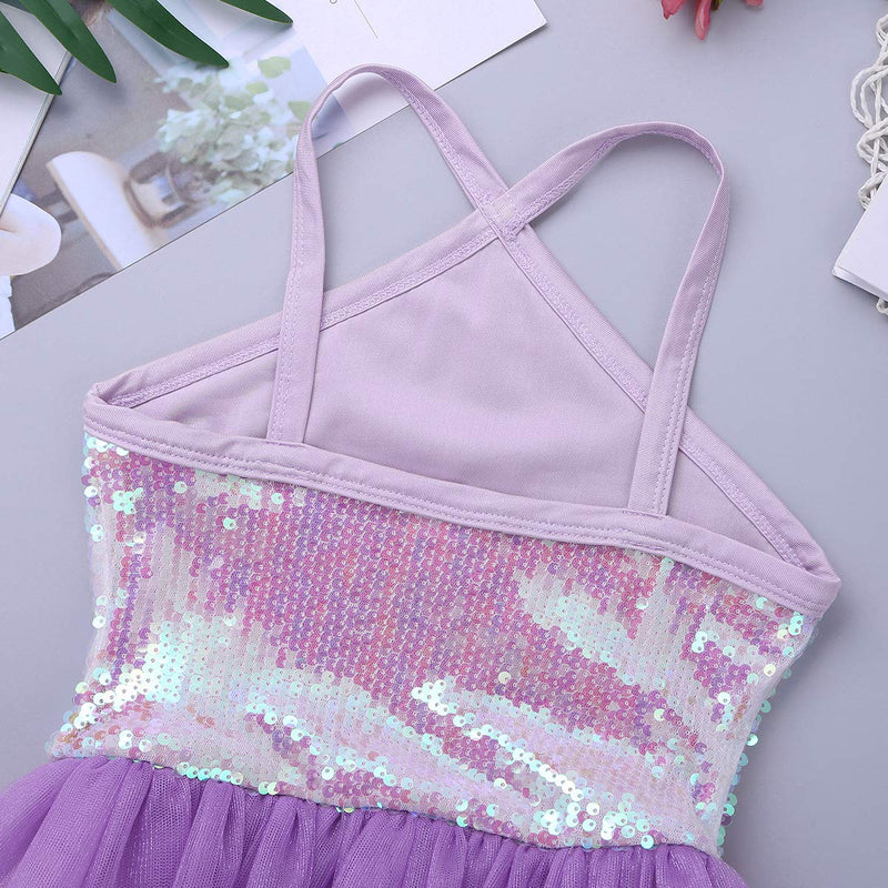 [AUSTRALIA] - MSemis Kids Girls Criss Cross Back Sequins Camisole Ruffles Tutu Skirts Lyrical Dance/Ballet/Activewear Dress Lavender 3 / 4 