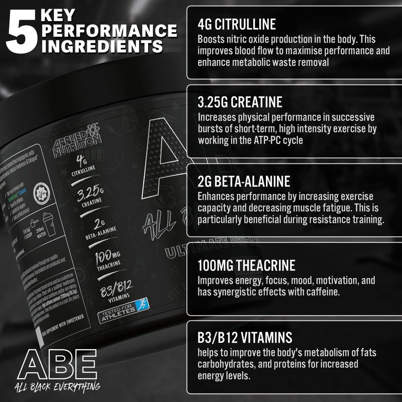 Applied Nutrition ABE Pre Workout - All Black Everything Pre Workout Powder, Energy & Physical Performance with Citrulline, Creatine, Beta Alanine (315g - 30 Servings) (Candy Ice Blast) Candy Ice Blast 315 g (Pack of 1) - BeesActive Australia
