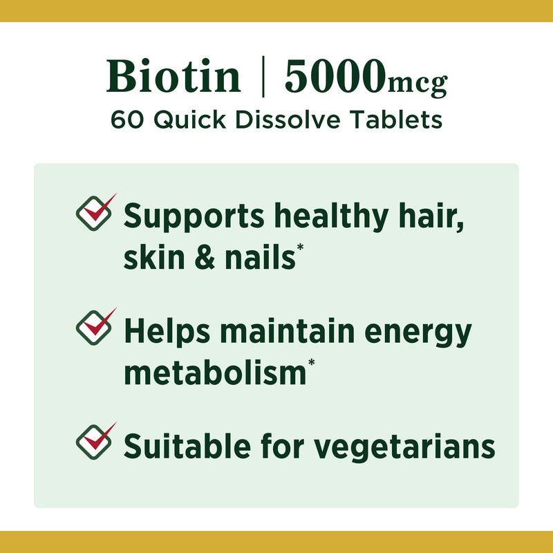 Nature’s Bounty Biotin Supplement, Supports Healthy Hair, Skin and Nails, 5000mcg, 60 Tablets - BeesActive Australia