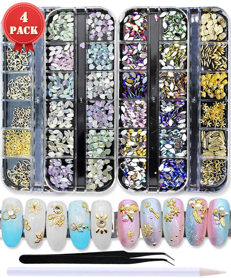 SILPECWEE 4 Boxes 3D Flat-Back Nail Art Crystals Kit Gold Hollow Nail Studs Shell Horse Eyes Manicure Decoration With 1Pc Tweezers 1Pc Picker Pencil NO3 - BeesActive Australia