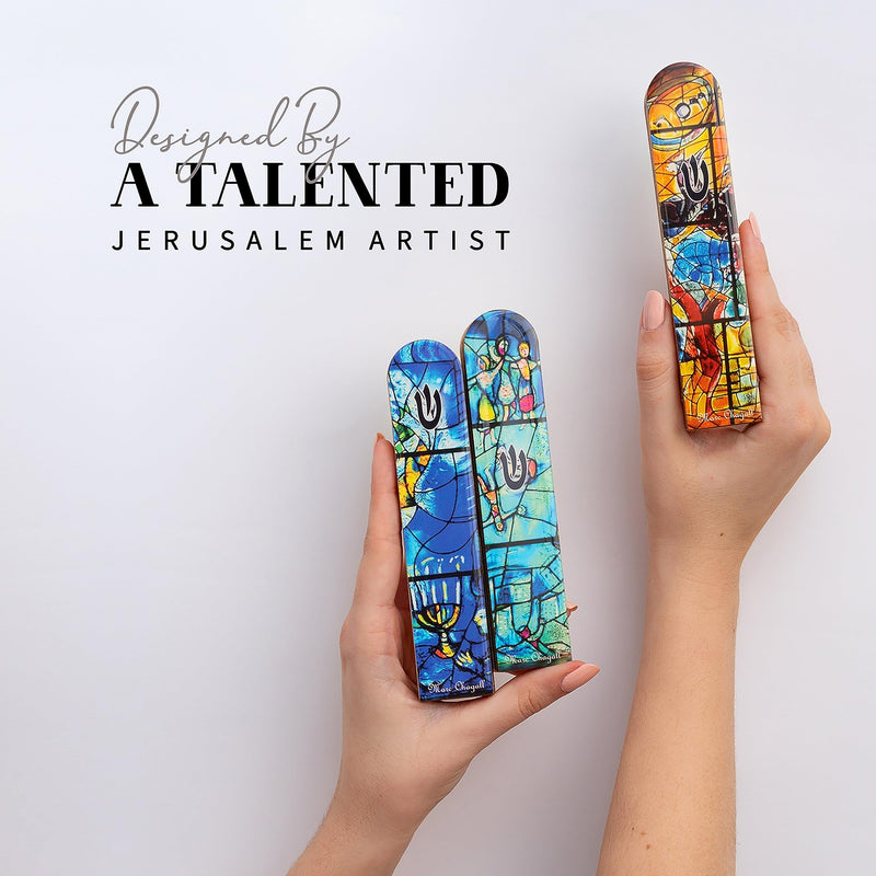 SURI Wooden Mezuzah for Door - Contemporary Mezuzah Case with Turquoise Chagall Design - 5" Mezuzah for Home Includes Mezuzah Adhesive for Easy Installation - Jewish Gift Box and a non-kosher Scroll - BeesActive Australia