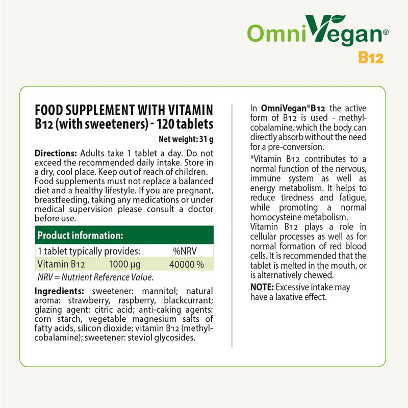 Vegan Vitamin B12 1000 mcg Methylcobalamin - sublingual Tablet - 4 Months Supply 120 Tablets - Nordic Quality - BeesActive Australia