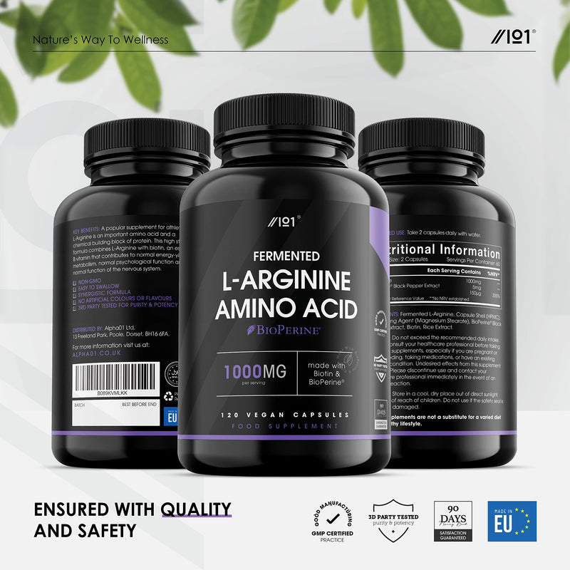 Fermented L-Arginine with BioPerine� & Biotin 1000mg - Potent Amino Acids - Non-GMO, Gluten Free, 120 Vegan Capsules 120 Count (Pack of 1) - BeesActive Australia