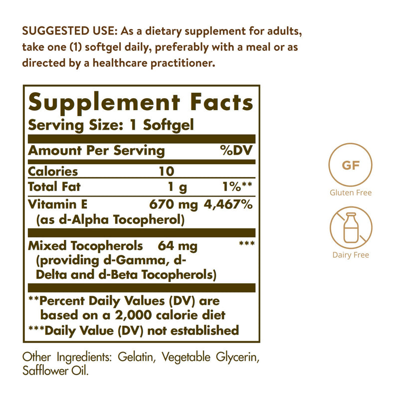 Solgar Natural Source Vitamin E 671mg - Supports the Immune System - Protects Cells from Oxidative Stress - 100 Softgels - BeesActive Australia