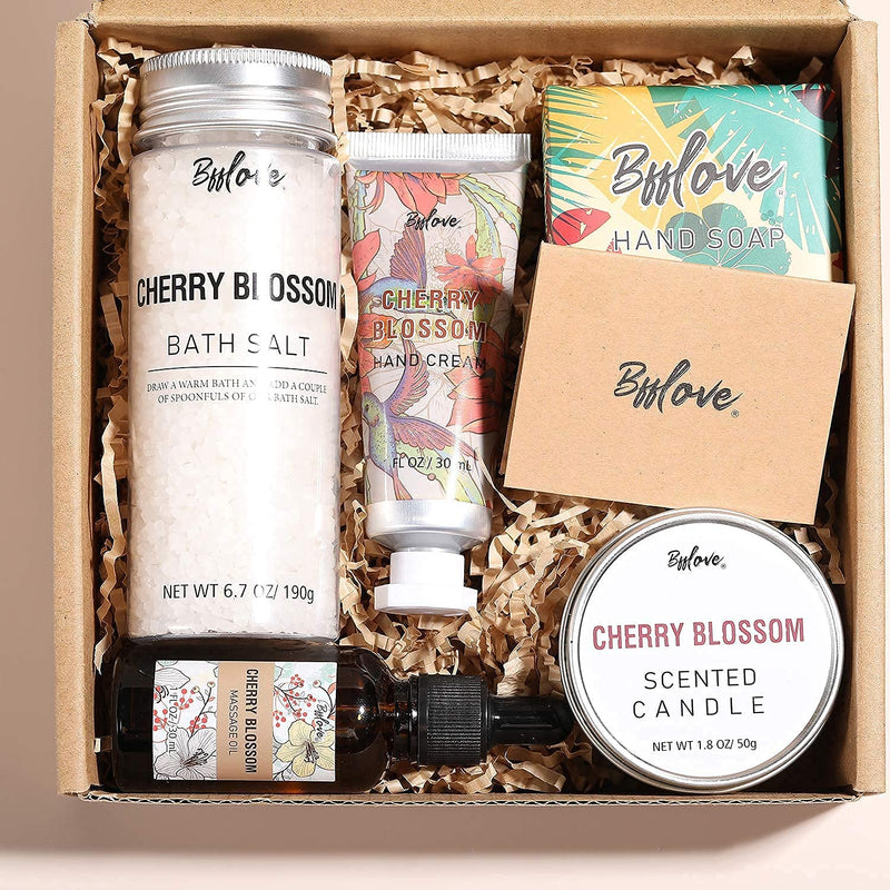 Gifts for Women - BFFLOVE Cherry Blossom Bath and Body Gift Set, Birthday Gift Box for Women, Spa Bath Set Includes Bath Salt, Hand Cream, Soap, Massage Oil, Scented Candle. Gifts Set for Her, 5pc - BeesActive Australia