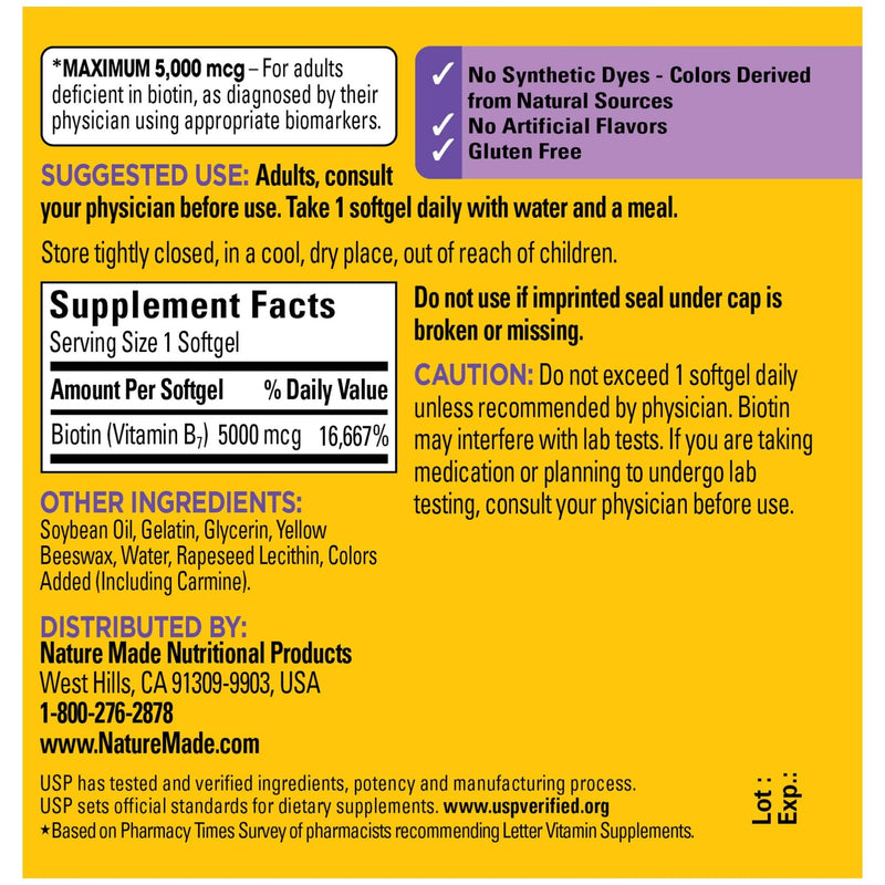 Nature Made Maximum Strength Biotin 5000 mcg Softgels, 120 Count Value Size for Supporting Healthy Hair, Skin and Nails 120 Count (Pack of 1) - BeesActive Australia