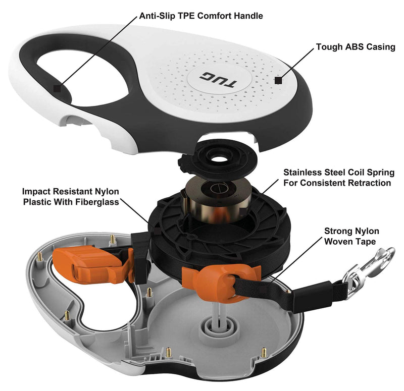 TUG 360° Tangle-Free Retractable Dog Leash with Anti-Slip Handle; Strong Nylon Tape/Ribbon; One-Handed Brake, Pause, Lock Medium White/Orange - BeesActive Australia