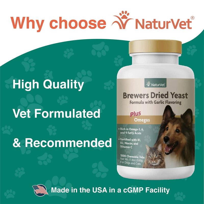 NaturVet Brewers Dried Yeast Formula with Garlic Flavoring Plus Omegas for Dogs and Cats, Chewable Tablets, Made in the USA 1,000 Tablets - BeesActive Australia