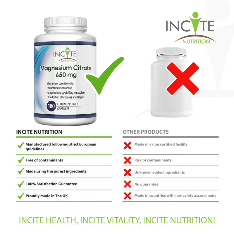 Magnesium Citrate Supplement 650mg | 180 Premium Vegan Capsules not Tablets (6 Month�s Supply) | High Strength Magnesium Citrate | Suitable for Vegetarian | Made in The UK by Incite Nutrition� - BeesActive Australia