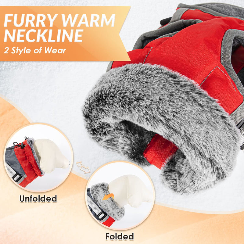SlowTon Winter Dog Coat with Detachable Harness, Waterproof Fleece Lining Warm Dog Clothes for Small Medium Dogs, Reflective Adjustable Furry Jacket Outdoor Walking Puppy Vest Apparel (Red M) Medium (Chest 17.2"-20.2") Red&Grey - BeesActive Australia