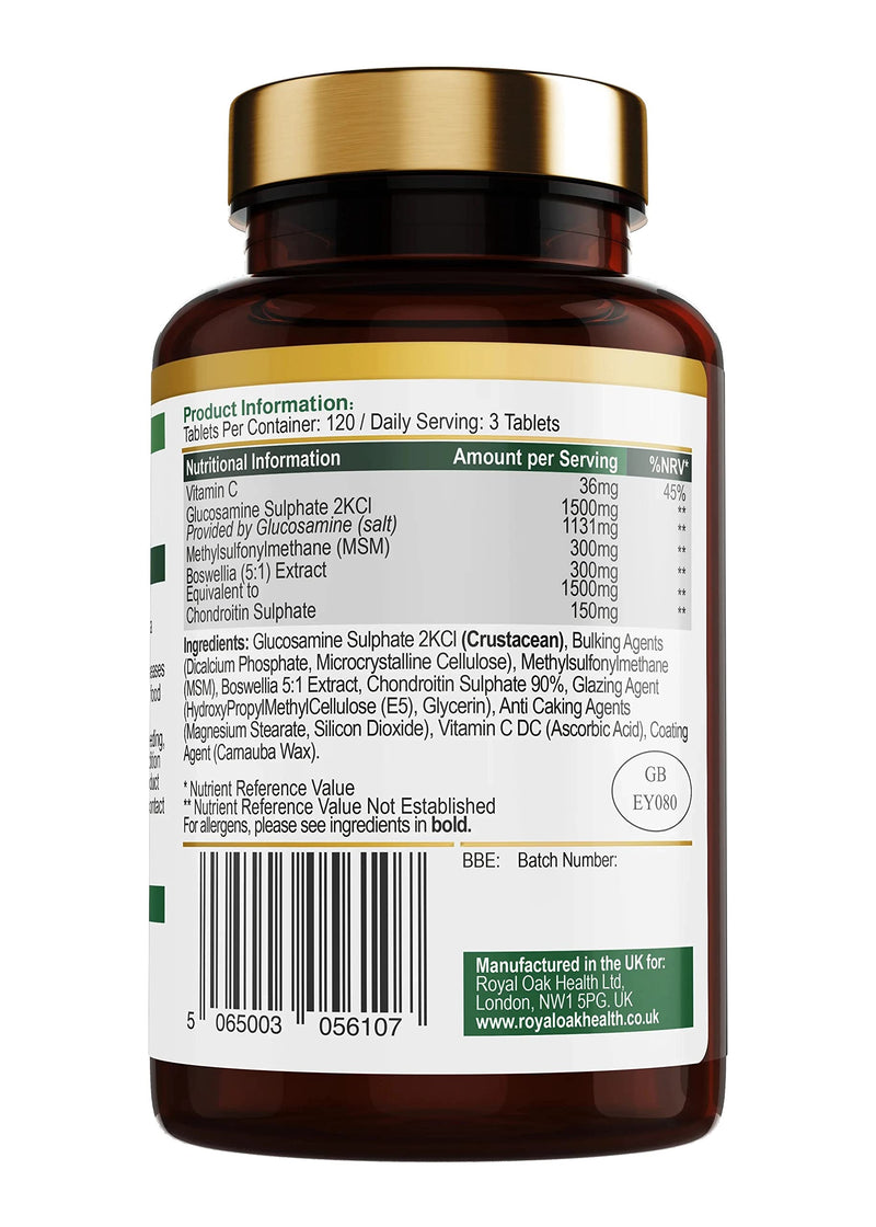 Glucosamine and Chondroitin high Strength with MSM, Bosewellia and Vitamin C. Supports Joint Discomfort Relief glucosamine and chondroitin Tablets, Dietary Supplement for Back, Knees (120 Tablets) - BeesActive Australia