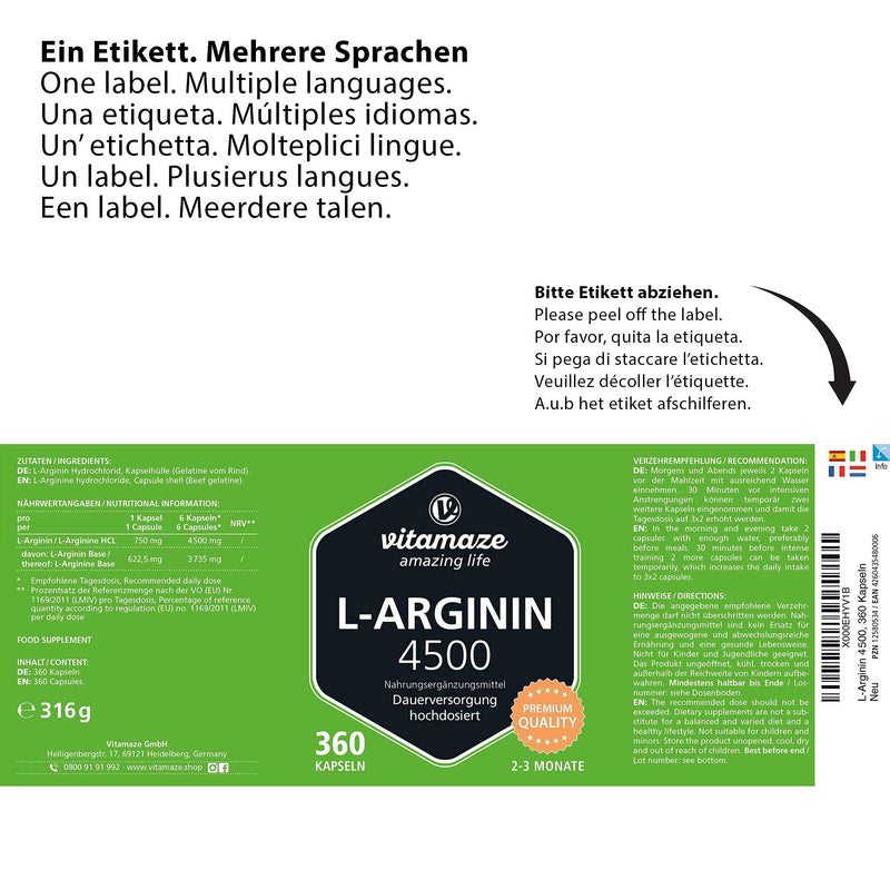 L-Arginine High Strength 4500 mg - 360 Capsules - Sport Performance Booster - Natural Supplement of Pure L Arginine Without Additives, German Quality- Vitamaze - BeesActive Australia