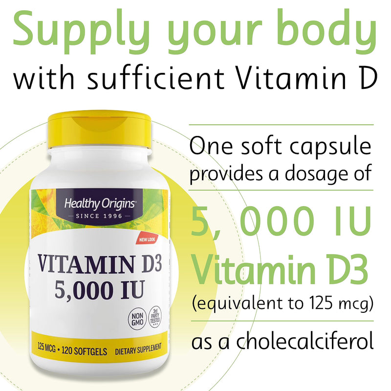 Healthy Origins, Depot Vitamin D3 125mcg (5000 IU), 1 Capsule Every 5 Days, 120 Softgels, Highly Dosed, Lab-Tested, Soy Free, Gluten Free, Non GMO - BeesActive Australia