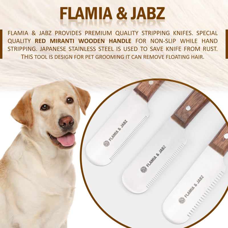 FLAMIA & JABZ Professional Dog Grooming Hand Stripping Knife, Stripper Trimmer Tool, Red Meranti Wooded Handle Non Slip Grip with Tripping Stainless Steel Blade Right Handed 3 Piece Pack - BeesActive Australia