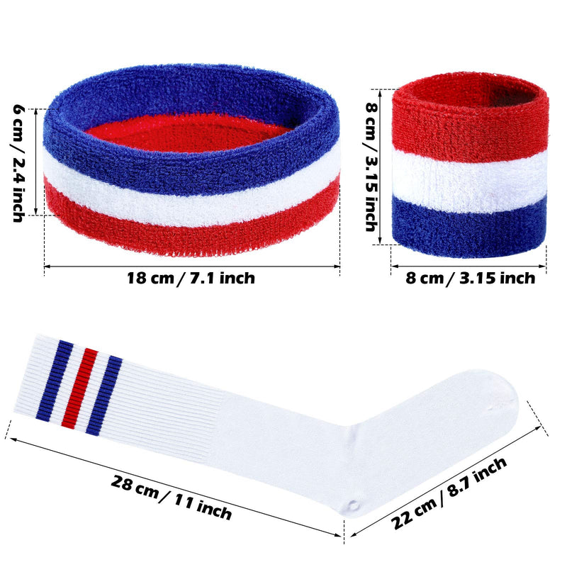 5 Pieces Striped Sweatbands and Striped Socks Set Include 1 Set Wrist Sweatbands Headbands and 1 Pair High Striped Sports Headbands Set for Men and Women 80s Party White, Blue and Red - BeesActive Australia