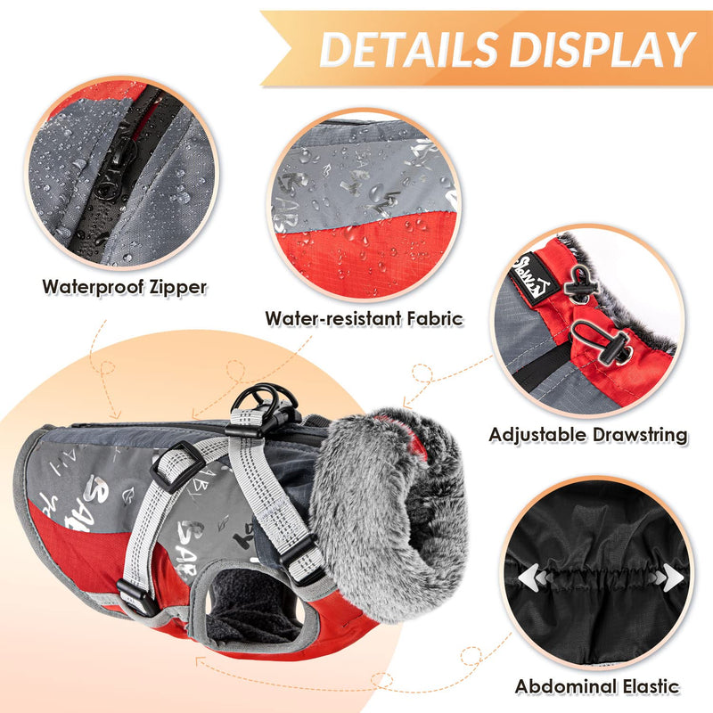 SlowTon Winter Dog Coat with Detachable Harness, Waterproof Fleece Lining Warm Dog Clothes for Small Medium Dogs, Reflective Adjustable Furry Jacket Outdoor Walking Puppy Vest Apparel (Red M) Medium (Chest 17.2"-20.2") Red&Grey - BeesActive Australia
