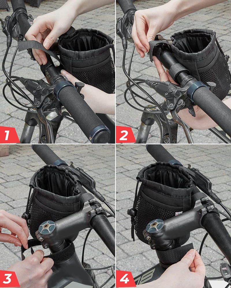 kemimoto Bike Cup Holder, Bicycle Water Bottle Holder Handlebar Drink Holder with Mesh Pockets Phone Bag for Cruiser, Mountain Bike, Scooter, Folding, Road Bike, Wheelchair 1 Pack 5" / 1 Pack - BeesActive Australia