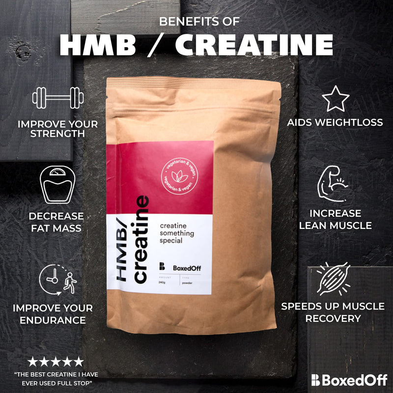 Boxed Off Micronised Creatine Monohydrate and HMB, Unflavoured, Vegan Food Supplement, Scientifically Proven to Increase Muscle Mass, Strength and Aid Recovery - Powder 240g (60 Servings) - BeesActive Australia