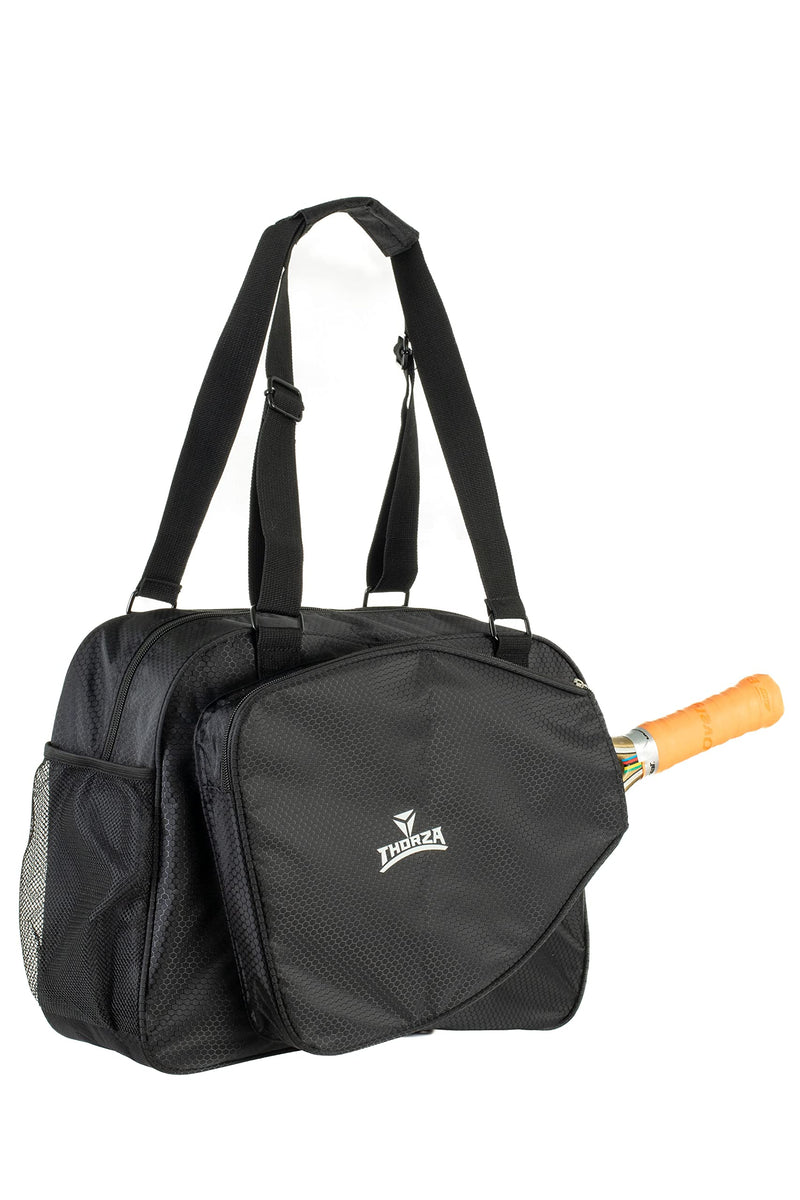 Thorza Pickleball Bag with Front Paddle Pocket, Large Mesh Pockets for Water Bottles and Gear, Storage for Clothes and Sports Equipment, Long Shoulder Sling, Classic Black, Men and Women - BeesActive Australia