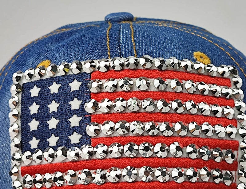 Kangqifen Unisex Rhinestone US Flag Distressed Washed Denim Baseball Cap Shiny Bling Frayed Brim Hat Blue - BeesActive Australia